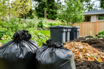 Backyard composting setup with black bags and bins in a lush garden