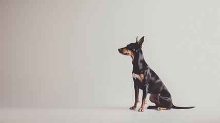Alert black and tan dog sitting on white background