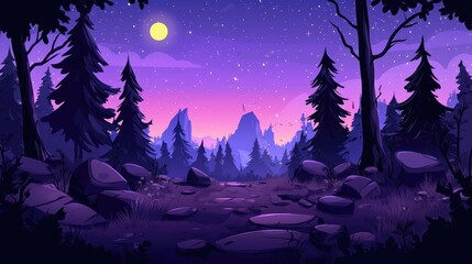 Fototapeta premium A Moonlit Forest Path with Silhouetted Trees and Mountains in the Distance