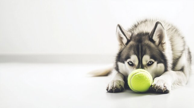 Playful siberian husky with tennis ball on white background