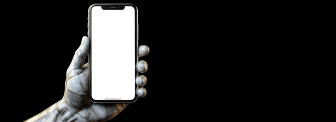 Extreme close-up of a marble hand holding a smartphone with blank screen against a black background with copy space. Transparent or white screen, png. Mockup template. Generative Ai.