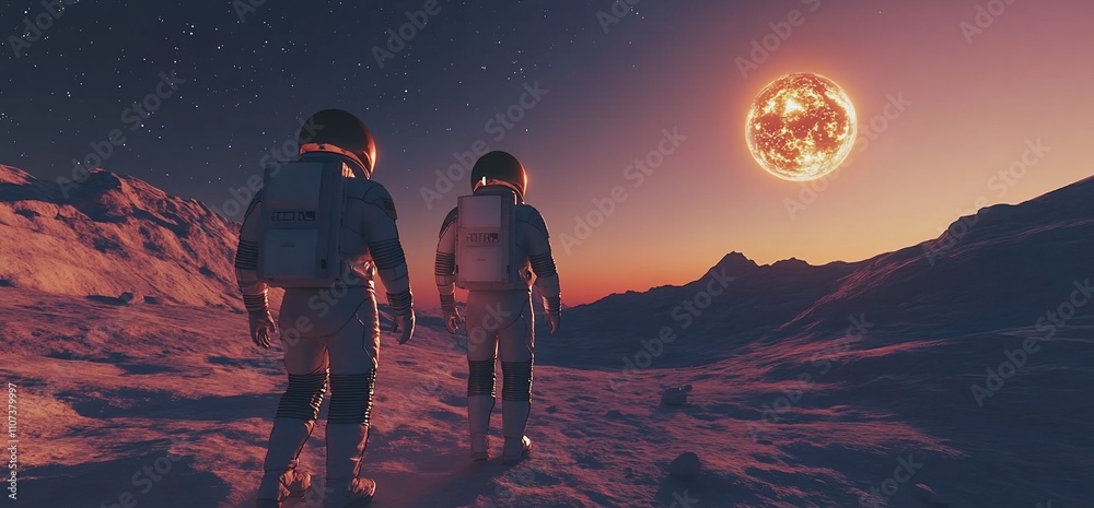 Poster Astronauts observe a distant star on an alien landscape at twilight.
