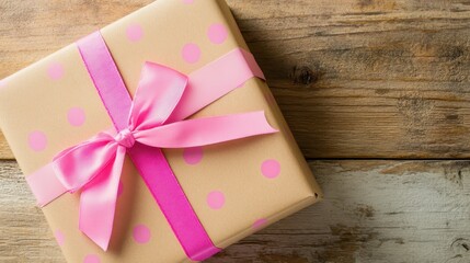 Gift box with pink ribbon on a wooden surface.