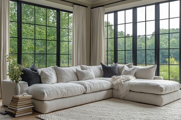 Fototapeta premium Cozy modern living room setup bright home interior design natural light inviting space embracing millennial gray aesthetics