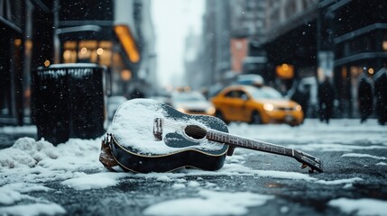 Acoustic guitar covered in snow lying on a snowy city street with blurred urban background and...