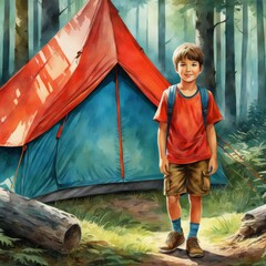 Boy scout, pioneer at tent in the forest. Oil illustration.