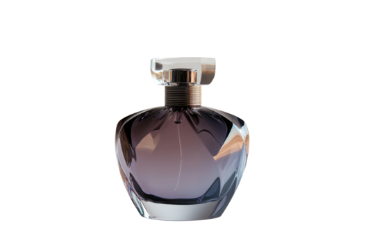Elegant perfume bottle with purple tinted glass and crystal clear cap isolated on background. - Powered by Adobe