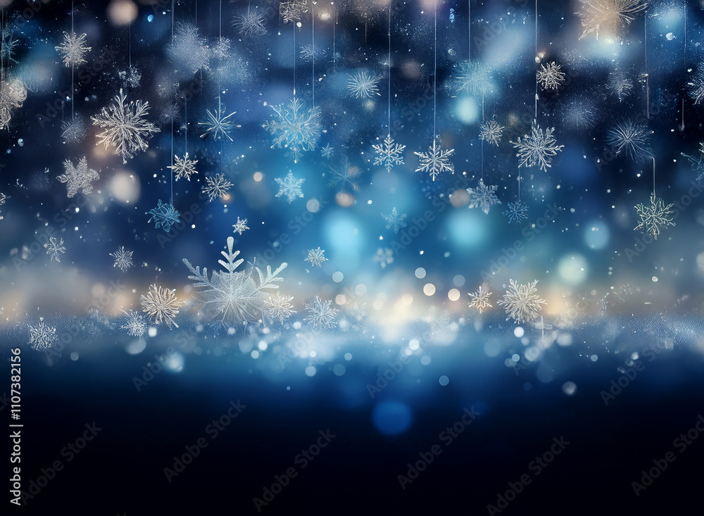Poster glimmering snowflakes cascade against a deep blue backdrop, illuminated by sparkling lights. a festi