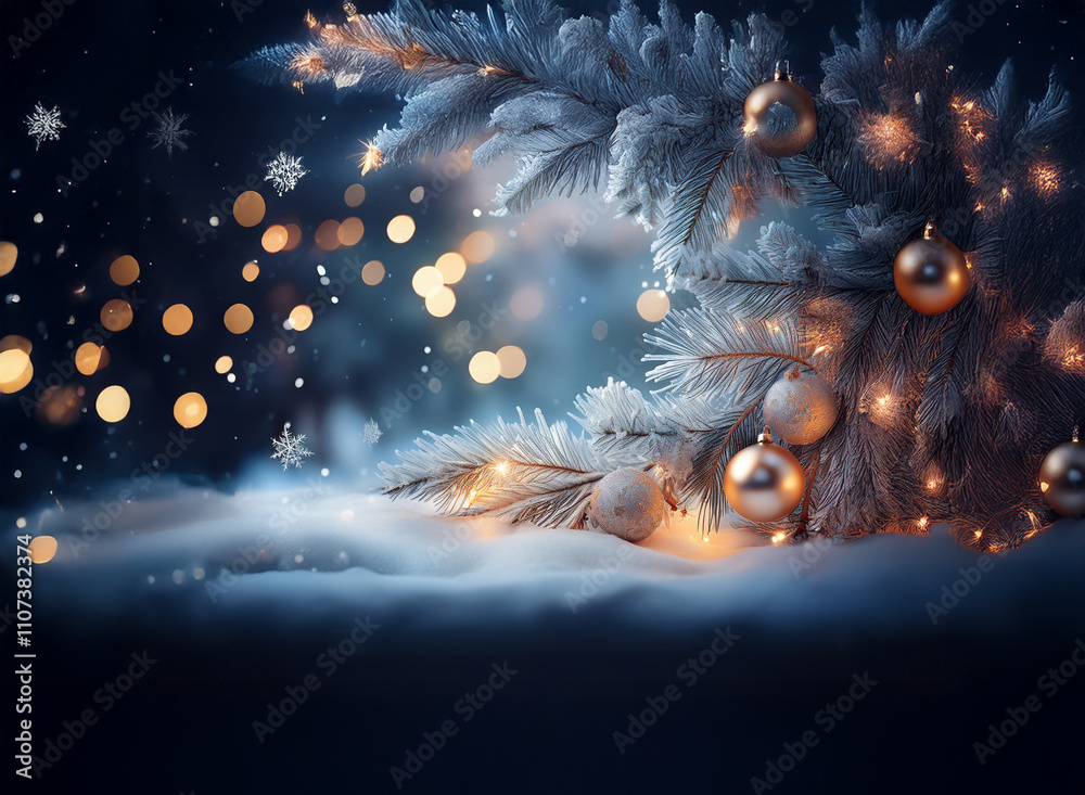 Poster a snow-covered fir branch adorned with gold ornaments glows with warm lights against a dark, wintery