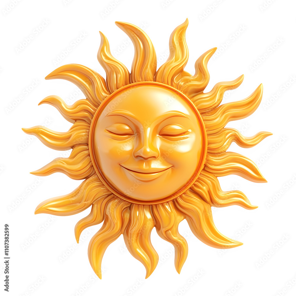 Poster 3d rendered stylized golden sun with a smiling face and closed eyes, set against a transparent background