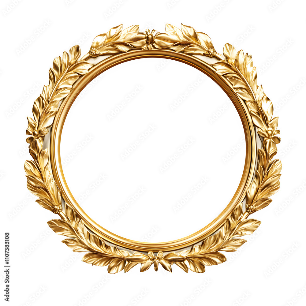 Leinwandbilder Elegant golden round frame decorated with laurel wreath, perfect for adding a touch of luxury to any design project, features a transparent background for easy compositing