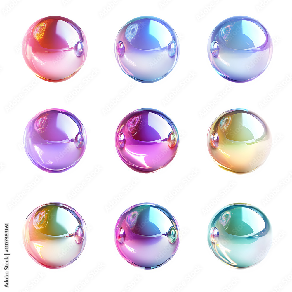 Aufkleber vibrant pattern of nine holographic spheres on a transparent background, ideal for artistic projects