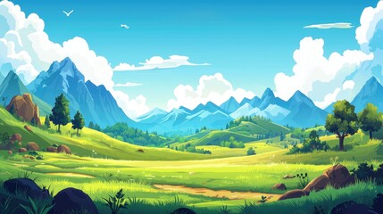 Obraz premium Lush Green Meadow with Blue Mountains and White Clouds