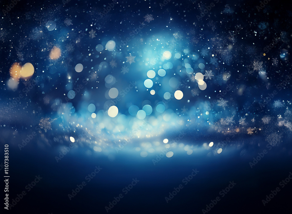 Poster magical winter scene with swirling snowflakes and bokeh lights. a celestial, cool-toned abstract ima
