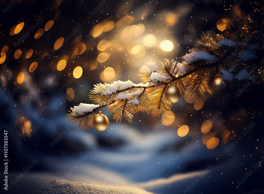 Aufkleber a snow-covered pine branch adorned with golden ornaments glows softly amidst a bokeh of warm lights.