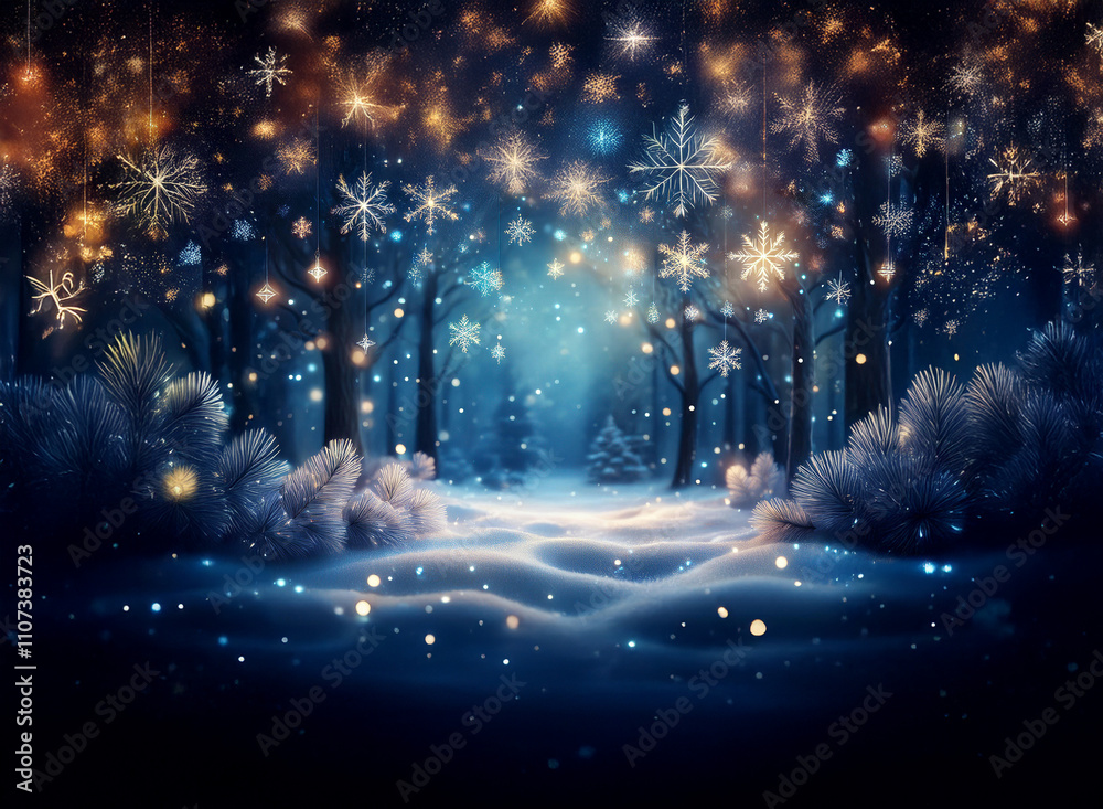 Poster enchanted winter forest scene. glowing snowflakes and lights illuminate a snow-covered path, creatin