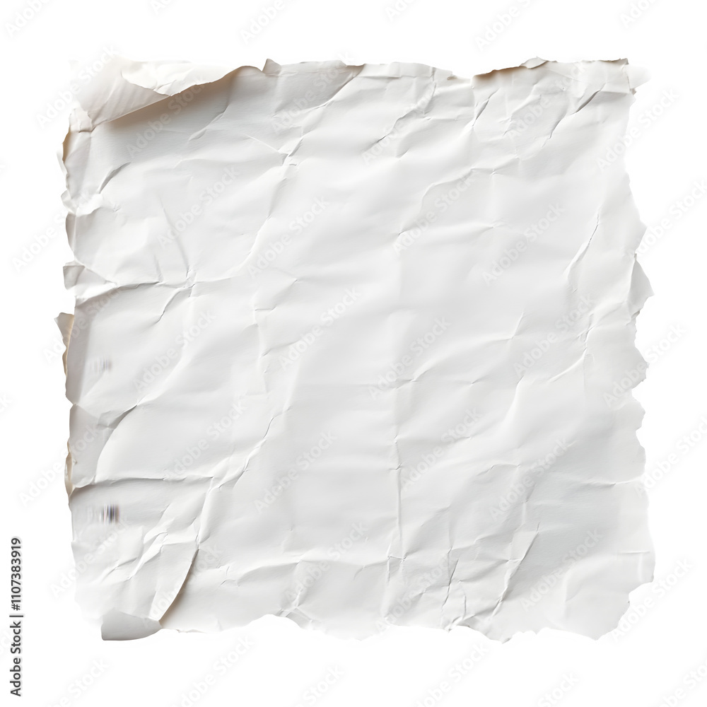 Poster Crumpled white paper with torn and burnt edges on transparent background, perfect for adding text or design elements