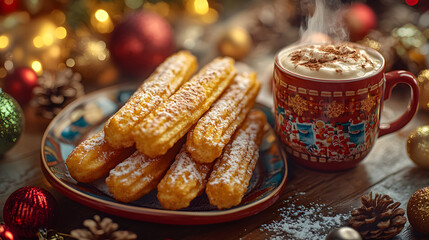 A Beautiful Holiday Display of Crispy Churros and Rich Spanish Hot Chocolate on a Festively Decorated Table