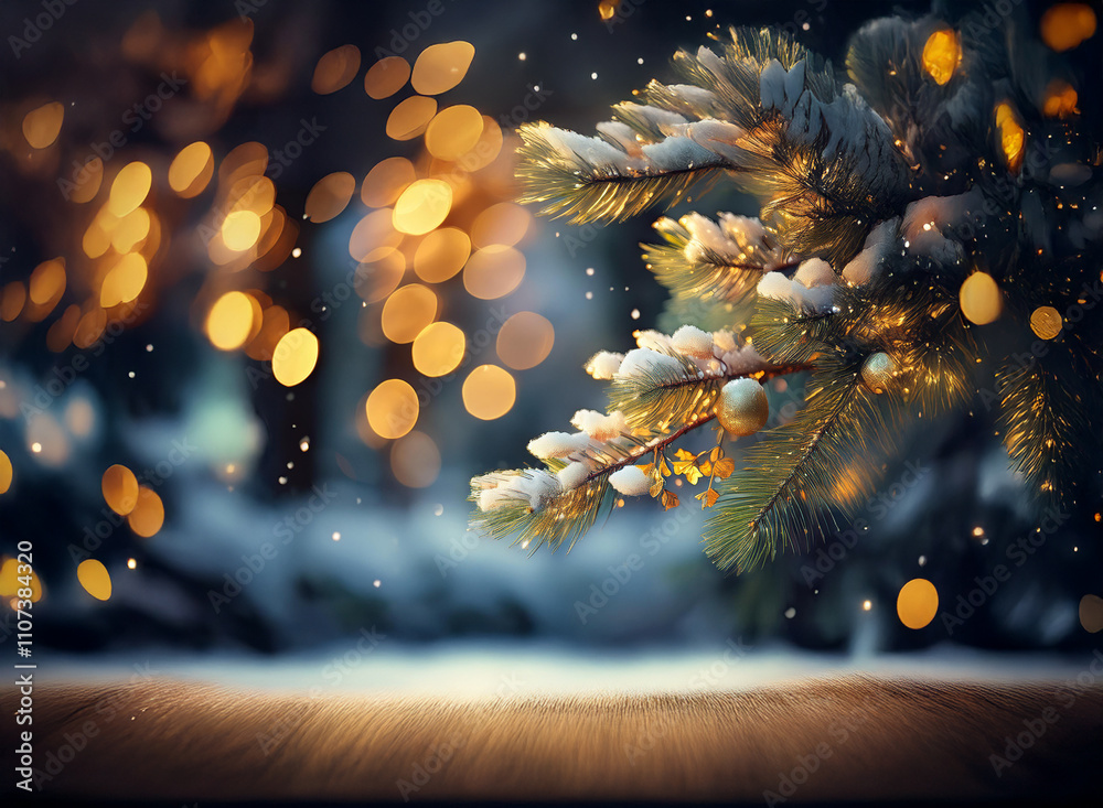 Aufkleber snow-dusted pine branch with golden bokeh lights, creating a magical winter scene. a wooden surface 