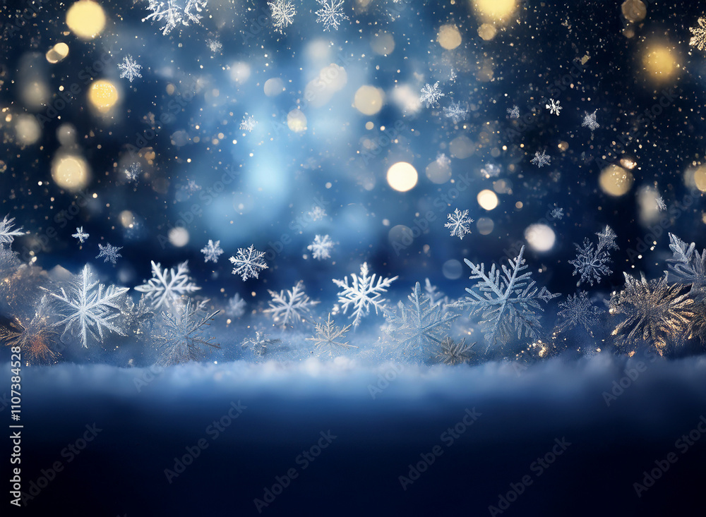 Poster a magical winter scene with falling snowflakes and shimmering lights, creating a festive and dreamy 
