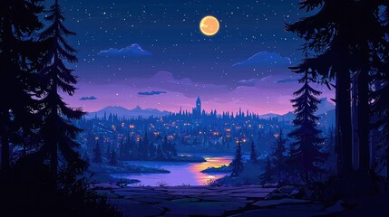 Fototapeta premium Nighttime View of a City by a Lake, Seen From a Forest Clearing