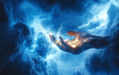 A conceptual image of a hand grasping lightning bolts in a bright blue sky, representing the boundless power of faith and Gods omnipotence