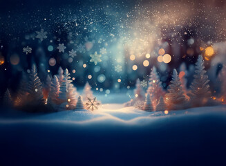 Fototapeta premium A magical winter scene: snow-covered trees sparkle under a night sky dusted with falling snowflakes and twinkling lights. A serene, enchanting winter wonderland.
