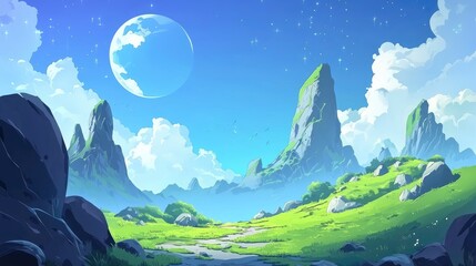 Fototapeta premium A Scenic Path Through a Lush Green Valley Under a Blue Sky With a Crescent Moon