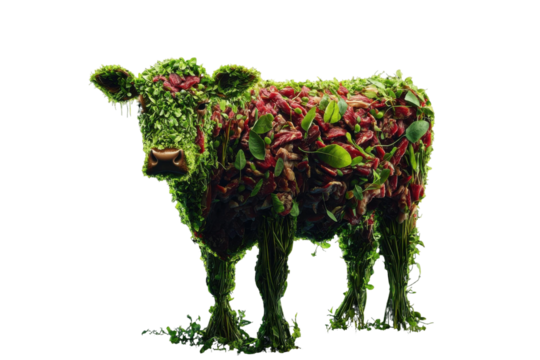 Plant-based meat created cow made of plants on a dark background.