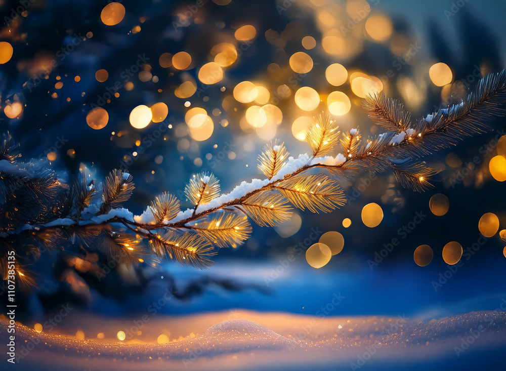 Poster a snow-covered pine branch adorned with warm, golden lights, sparkles in the soft glow of a winter n