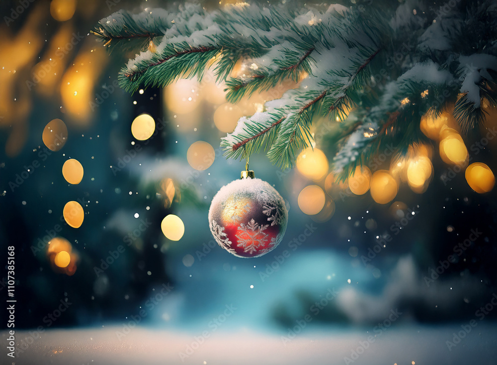 Poster a snow-dusted red ornament hangs from a pine bough, illuminated by warm bokeh lights in a winter won