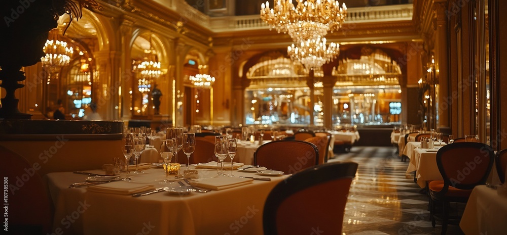 Poster elegant dining area with chandeliers and fine table settings.
