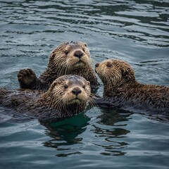 Sea otters playing in a kelp forest near a rugged Alaskan coastline.

