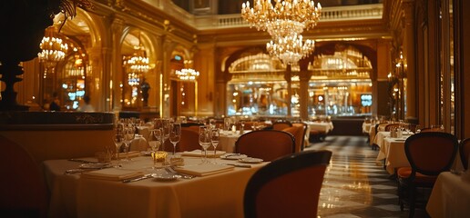 Elegant dining area with chandeliers and fine table settings.