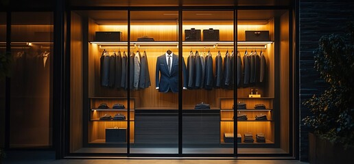 Elegant display of tailored suits in a modern retail setting.