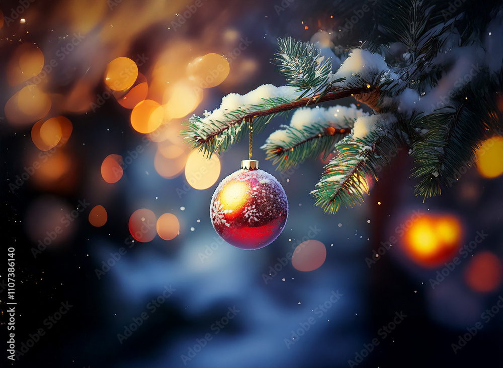 Poster a red glass ornament hangs from a snow-dusted pine branch, illuminated by warm bokeh lights. a winte