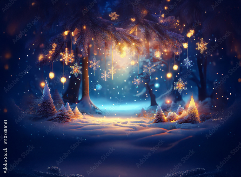 Poster enchanted winter forest scene. sparkling lights and snowflakes adorn snow-covered trees, creating a 