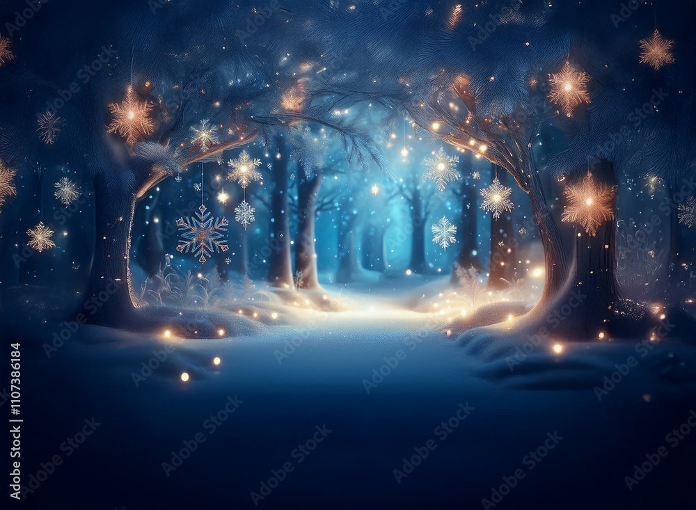Poster magical winter forest path, glowing with snowflakes and soft light. enchanted, snowy scene with ethe