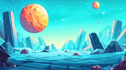 Naklejka premium An alien landscape with large, blue, crystalline mountains and a large, orange planet in the sky.