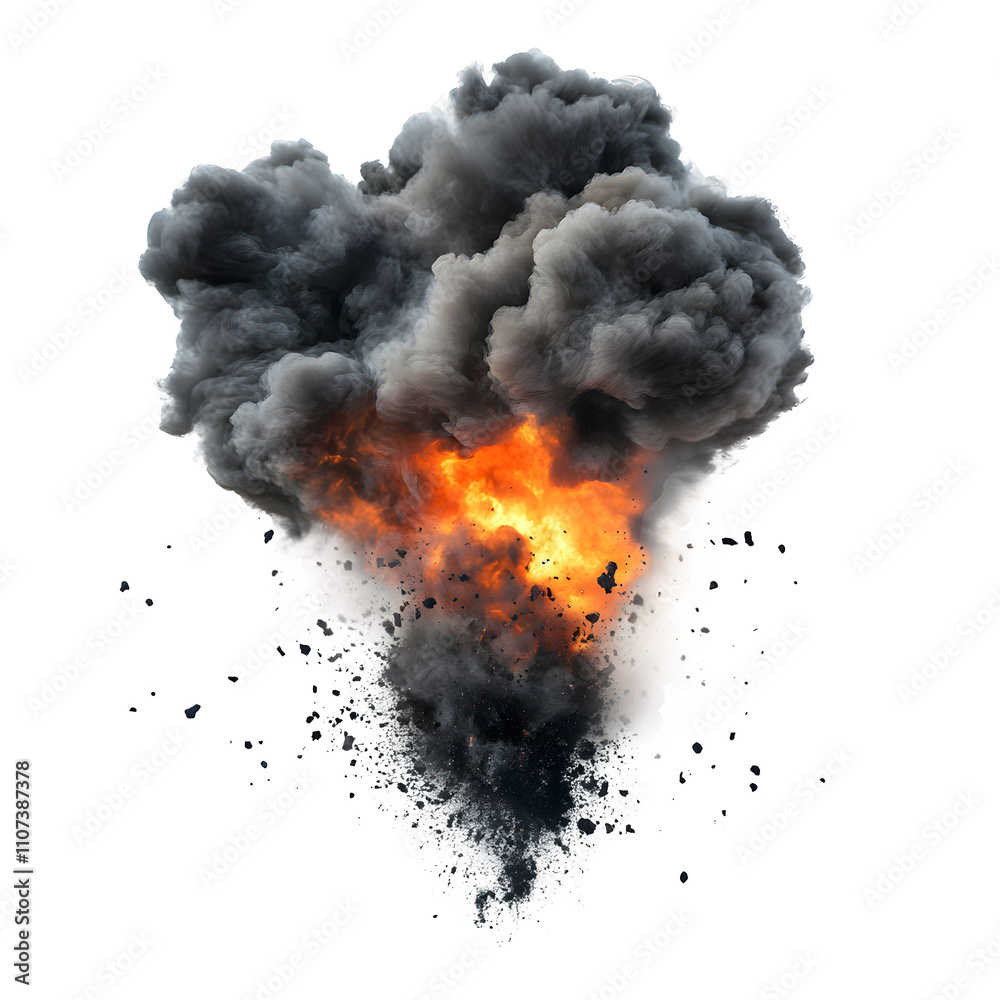 Poster realistic explosion effect with fire, smoke, and debris, perfect for easy compositing on a transpare