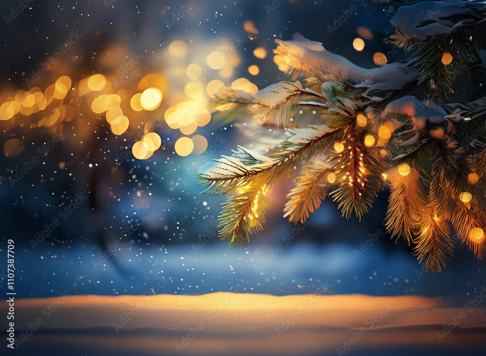 Aufkleber snow-covered pine branch adorned with warm, golden lights against a bokeh background of falling snow