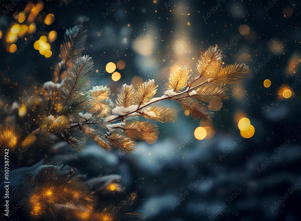 Poster Snow-dusted pine branch glows with warm light amidst a bokeh of golden sparkles and falling snow.  A serene winter scene.