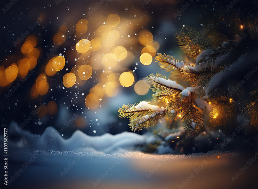 Poster snow-covered evergreen branch glows with warm lights against a bokeh backdrop of falling snow and go