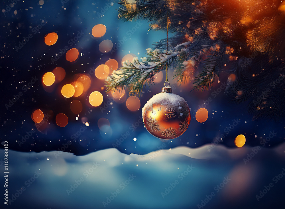 Poster a snow-covered copper bauble hangs from a frosted pine branch, illuminated by warm bokeh lights agai