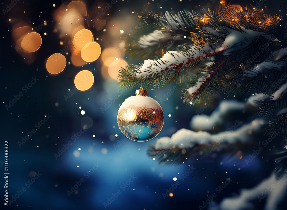 Poster a shimmering gold ornament hangs from a snow-dusted evergreen branch, illuminated by warm bokeh ligh