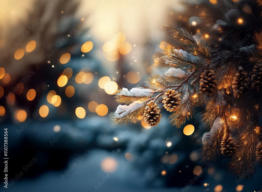 Poster snow-dusted pine branch with pine cones, illuminated by warm, golden bokeh lights, creating a magica