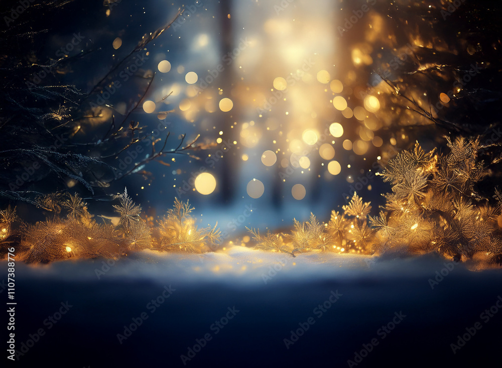 Poster magical winter scene. glowing lights illuminate snow-covered branches and a pristine snowy ground. w
