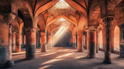 A photograph of an empty room with many pillars, the walls covered in Islamic geometric