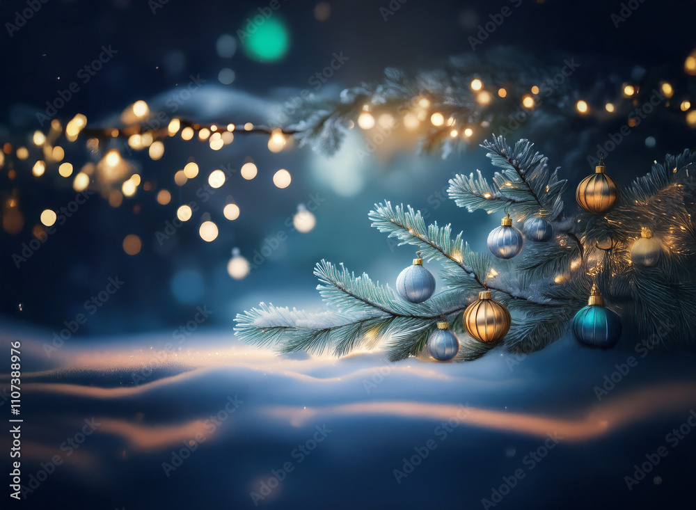 Poster enchanted winter scene: snow-covered ground, frosted pine branch adorned with shimmering ornaments a