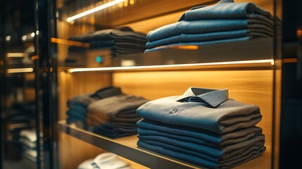 Neatly folded shirts displayed on shelves in a modern retail environment.